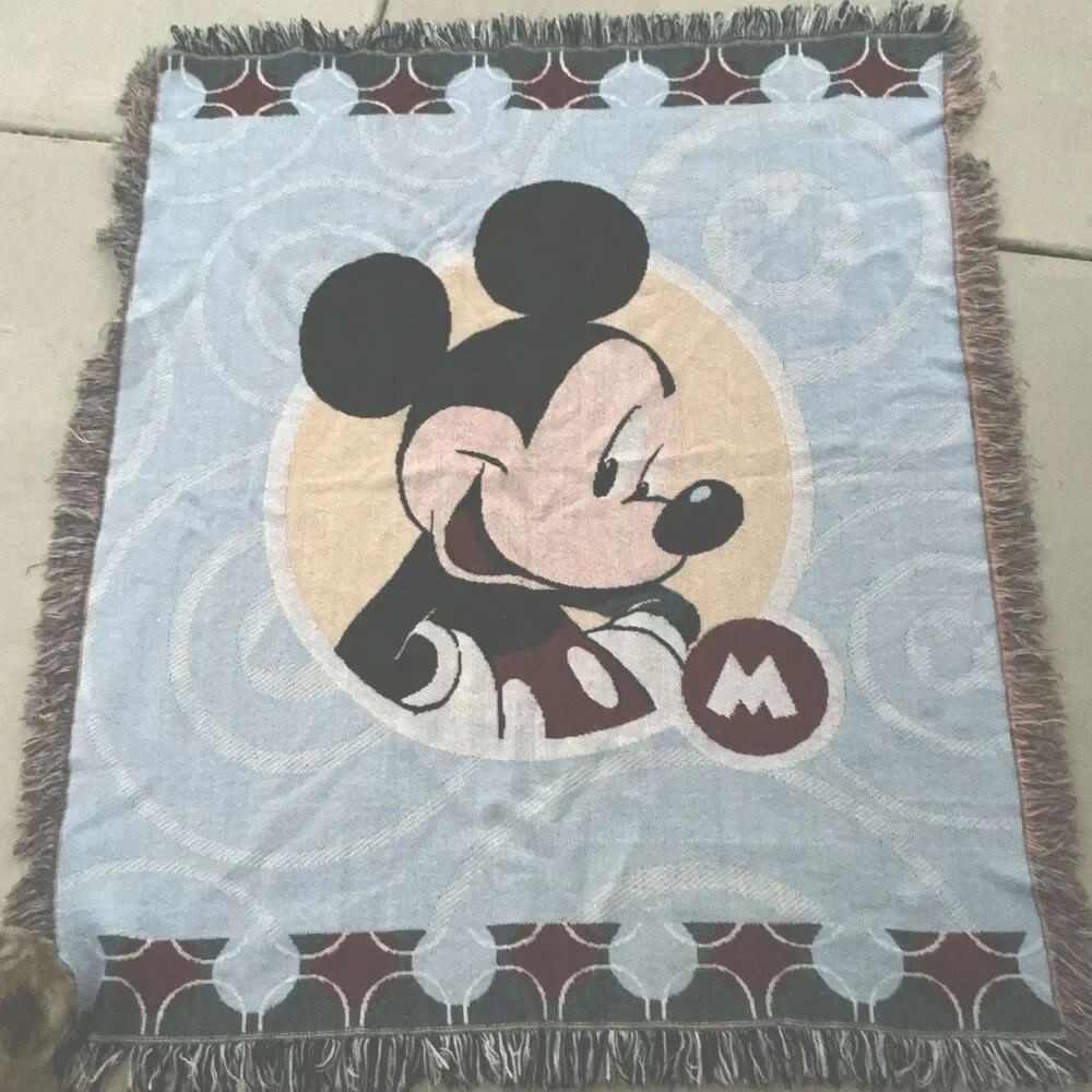 Disney Mickey Mouse Woven Tapestry Throw Blanket Fringe 46x52 Blue Red